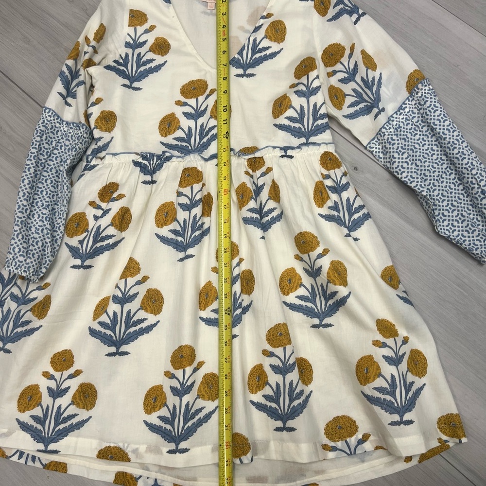 Pink Chicken Midi Dress Cream Blue Yellow Floral Print Sz S Cottagecore Boho - Picture 5 of 6